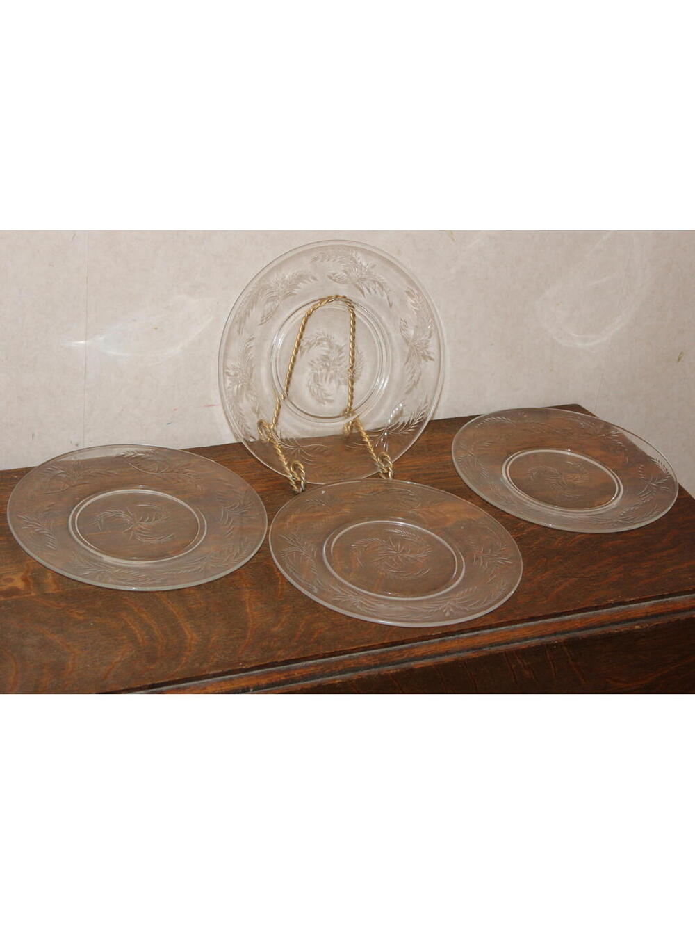 Vintage Glass Luncheon Salad Plate with Etched Laurel Leaf Design - Set of 4